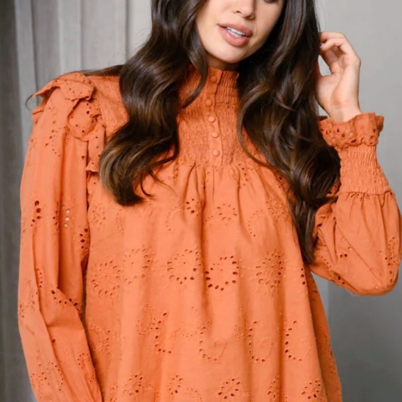 FEW LEFT❗️On Twelfth Boho Chic Spicy Rust Eyelet Embroidery Long Sleeves Top - Picture 4 of 6